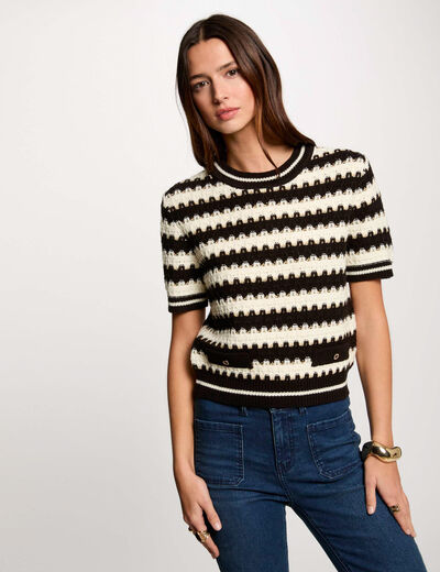 Gestreifter Pullover mit kurzen Ärmeln weiss damen