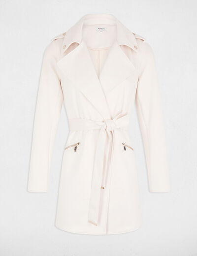 Manteau long ceinturé suédine ivoire femme