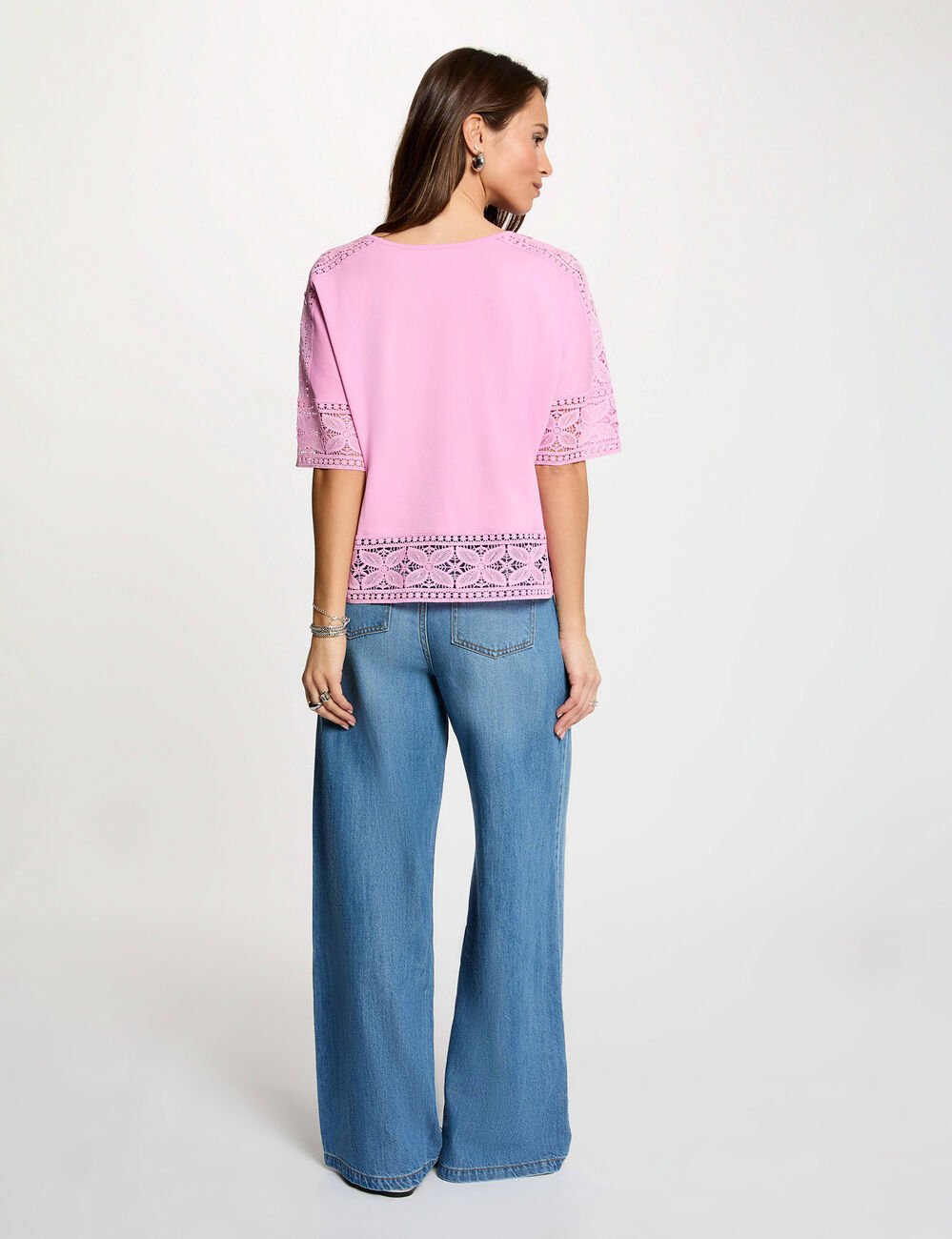 T-Shirt mit Rundhals und Spitze rosa damen
