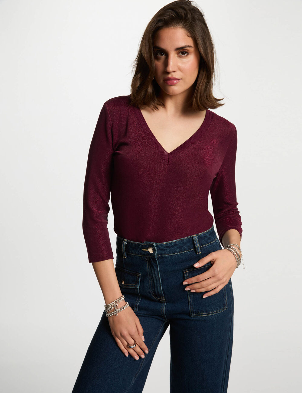 T-shirt manches 3/4 prune femme