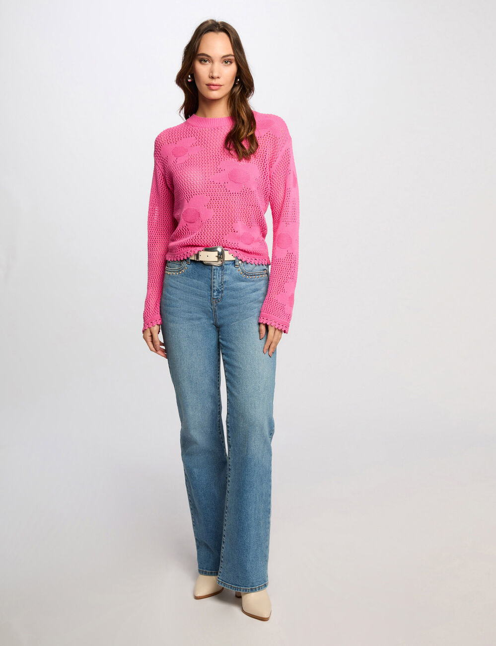 Pull col rond ajouré rose femme
