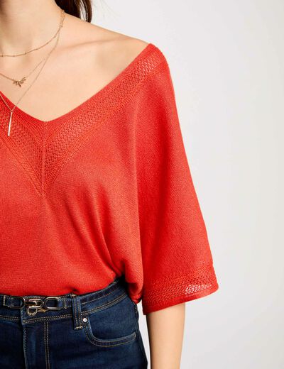 Kurzarm-Pullover mit V-Kragen dunkelorange damen