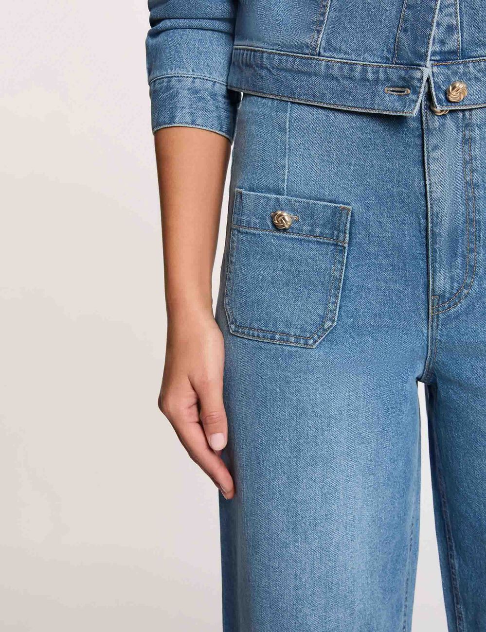 Weite hochgeschnittene Hose stone denim damen