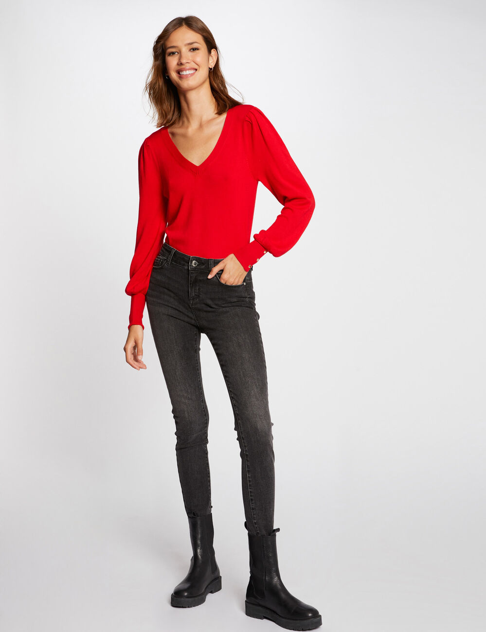 Lang&auml;rmliger Pullover mit V-Ausschnitt rot damen