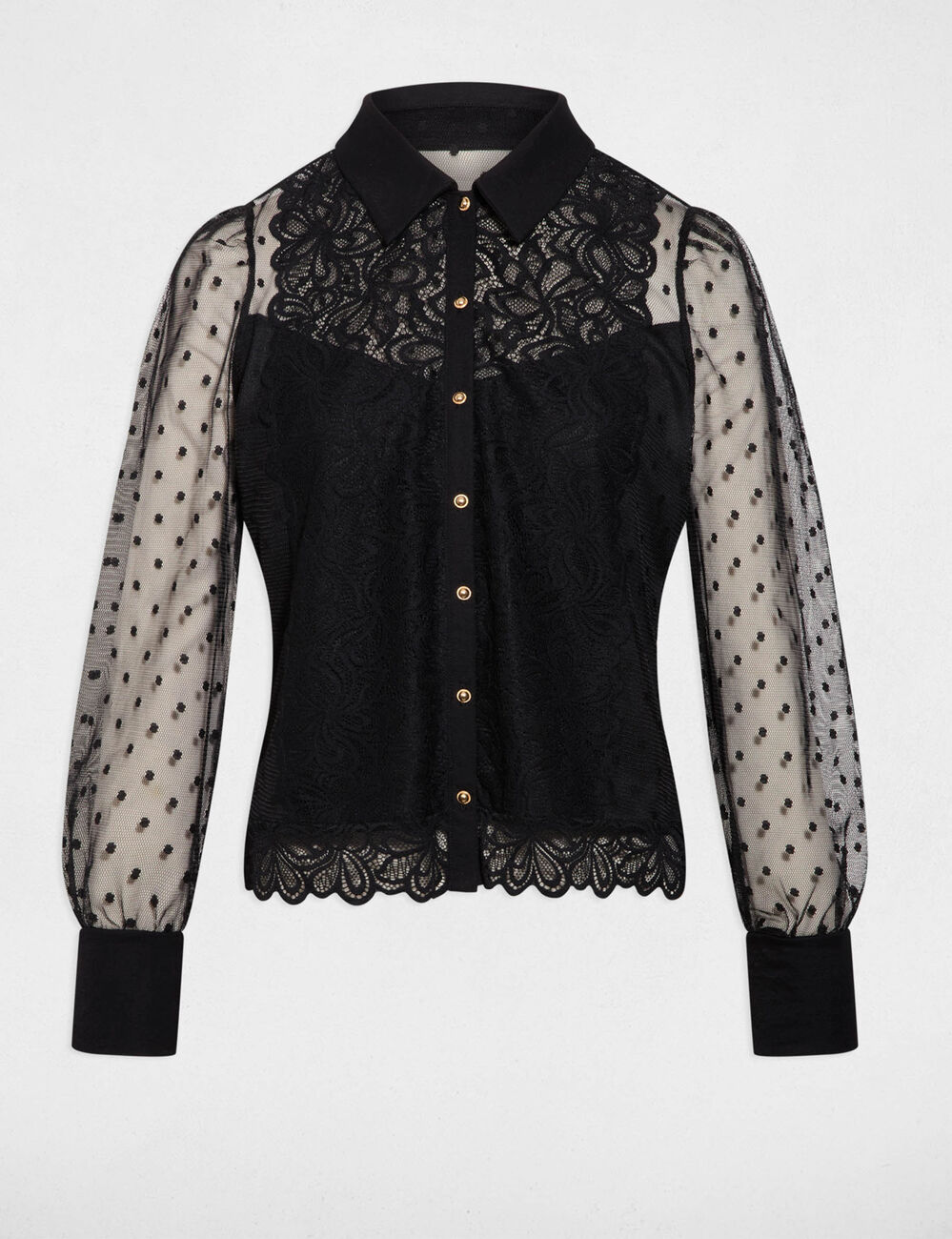 T-Shirt mit Spitzen und langen &Auml;rmeln schwarz damen