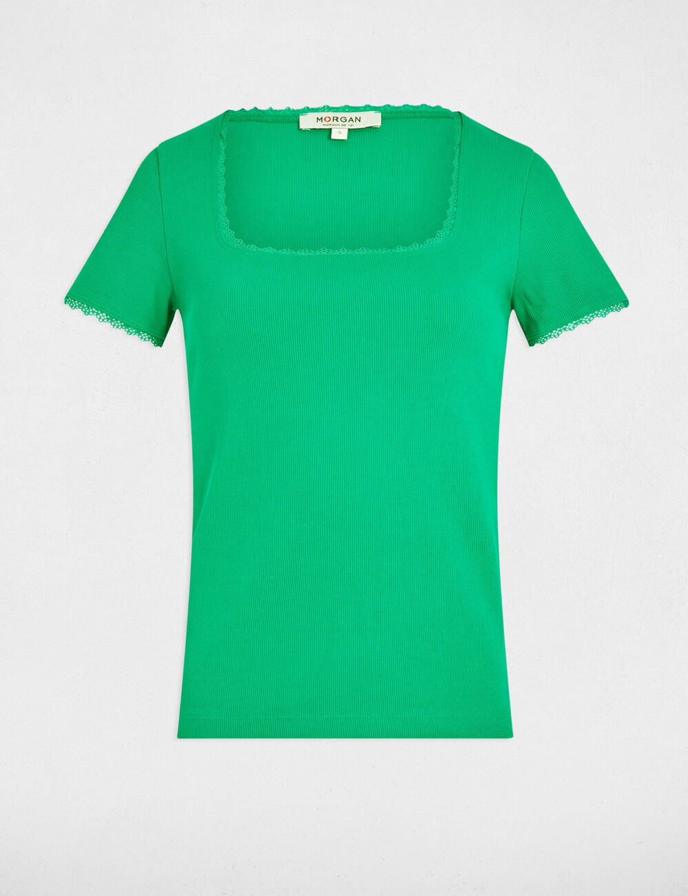 T-shirt manches courtes côtelé vert émeraude femme