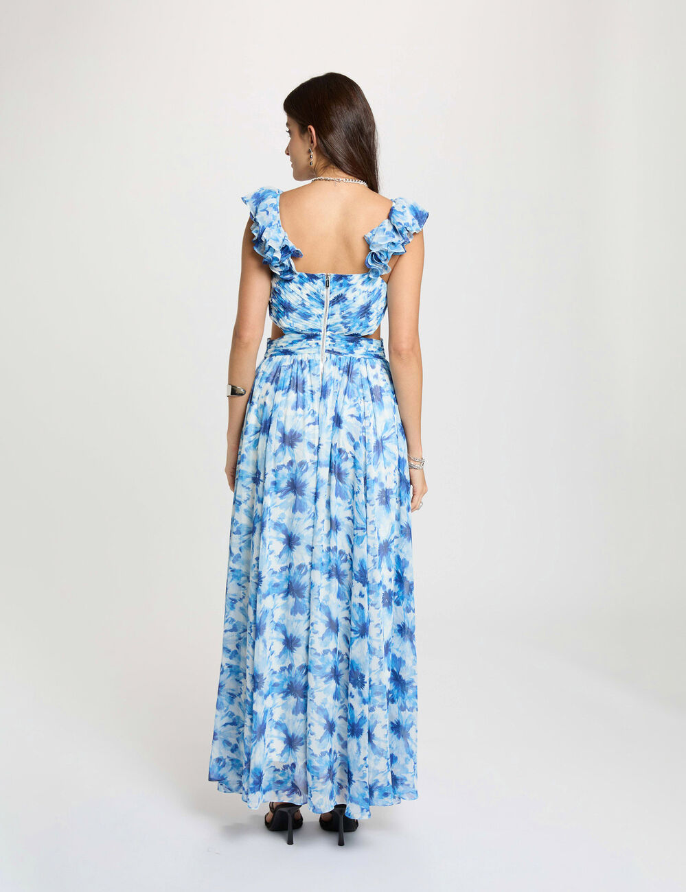 Robe longue florale &eacute;vas&eacute;e bleu marine femme
