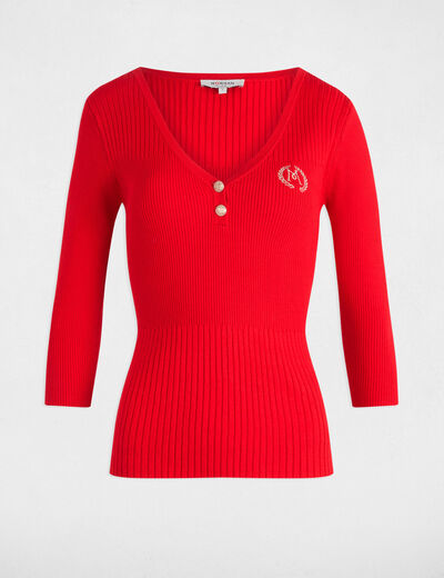 Pull col en V côtelé rouge femme