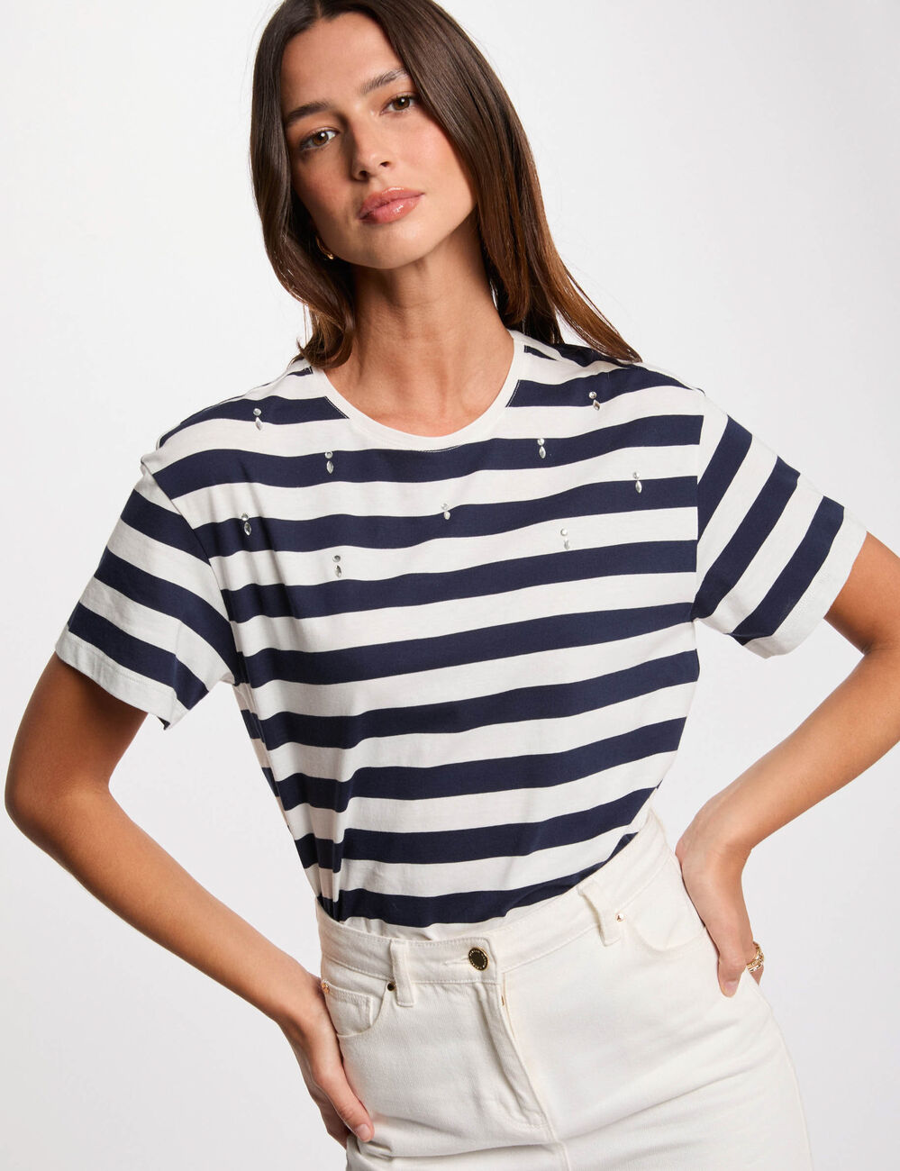 Gestreiftes T-shirt mit kurzen Ärmeln weiss damen