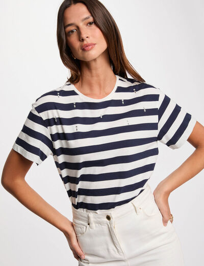 Gestreiftes T-shirt mit kurzen Ärmeln weiss damen