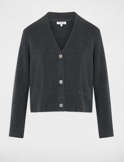 Gilet tricot col v gris fonc&eacute; femme