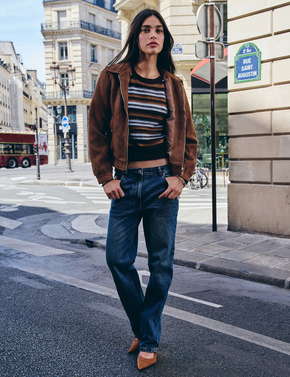 Jean droit taille haute denim stone femme