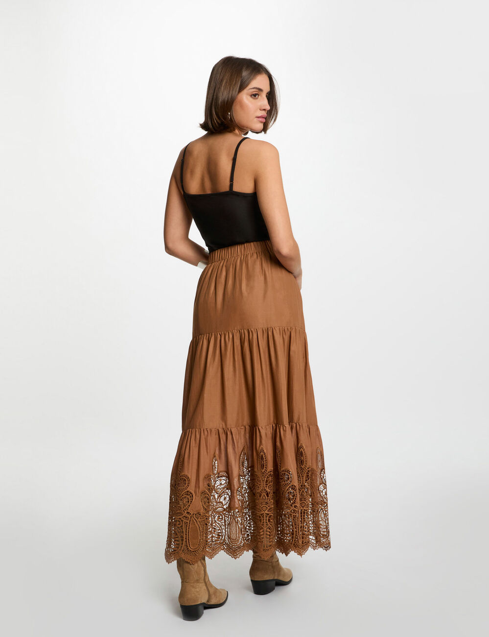 Langer Rock mit Spitzen-Details cognacbraun damen