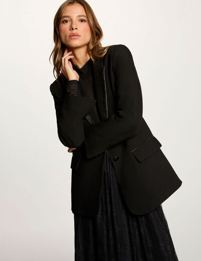 Blazer Noir Satiné Morgan - Coupe Cintrée, Poches à Rabat, Manches Longues Boutonnées - 64% Polyester, 34% Viscose, 2% Élasthanne