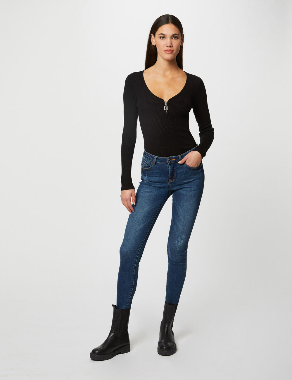Pull manches longues avec d&eacute;tail zipp&eacute; noir femme
