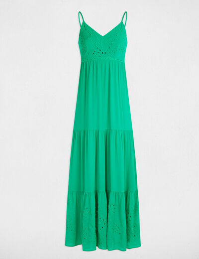 Robe longue fluide broderie vert émeraude femme