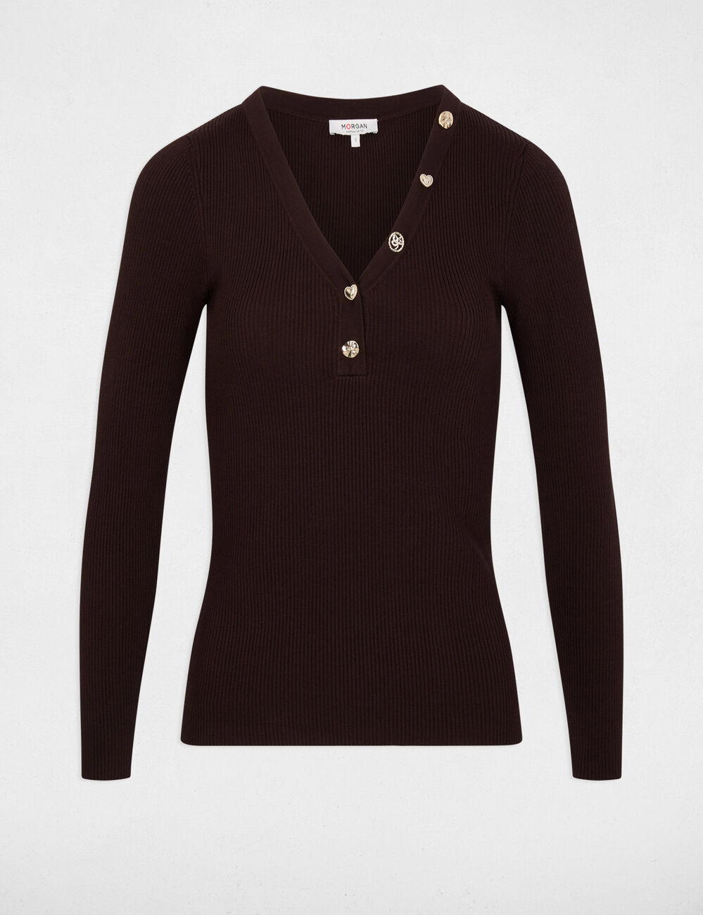 Pull col v fantaisie marron fonc&eacute; femme