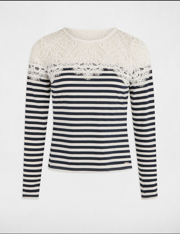 Gestreiftes Langarm-T-Shirt weiss damen