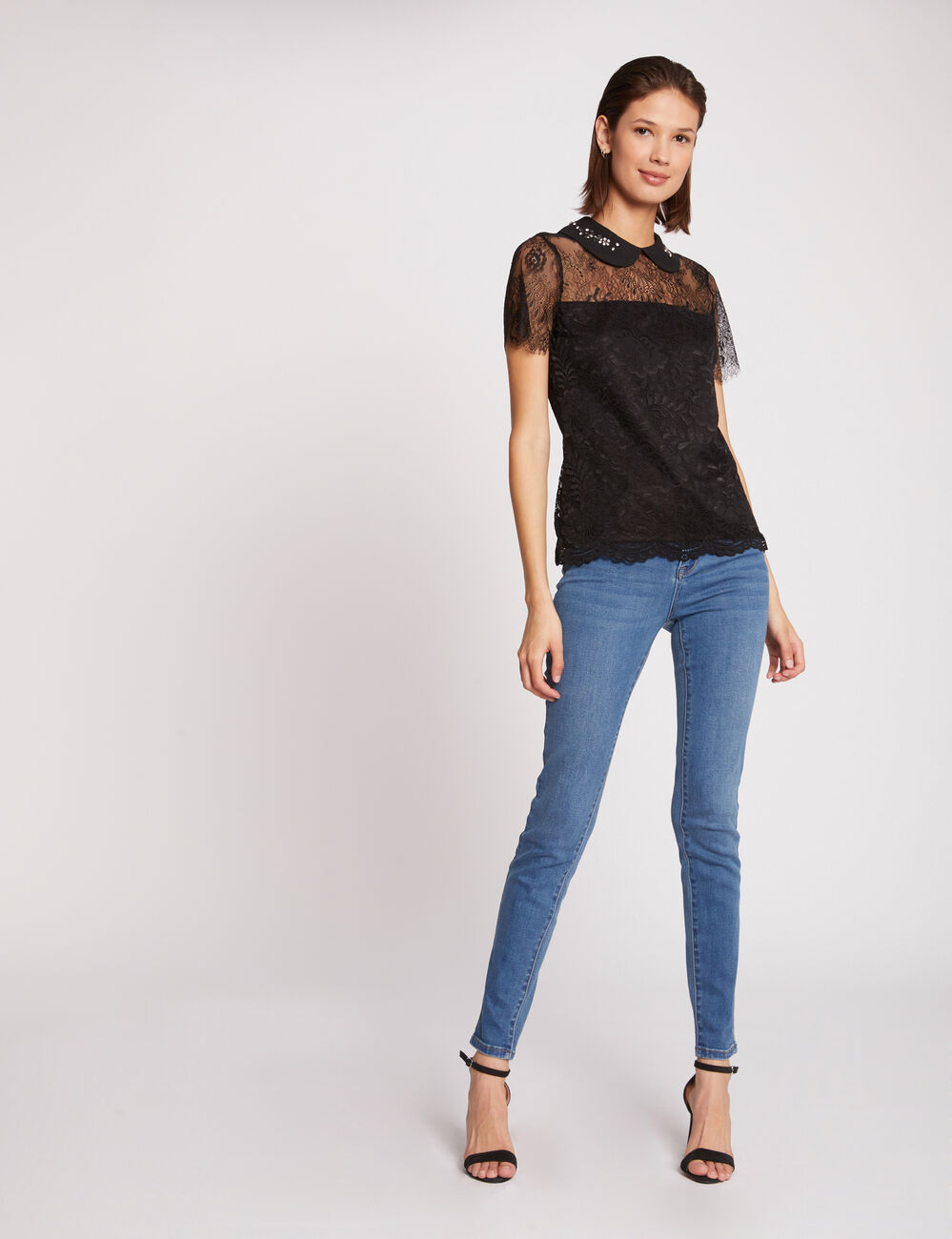 Kurz&auml;rmelige Spitzenbluse mot Schlitz schwarz damen