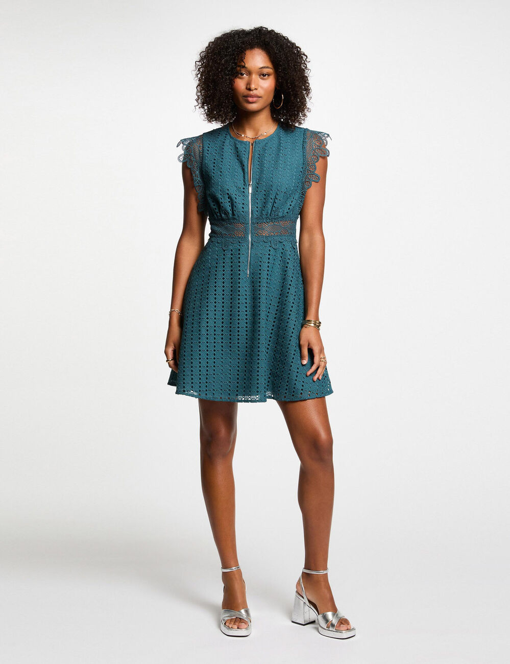 Kurzes ausgestelltes Kleid mit Spitze petrobleu damen