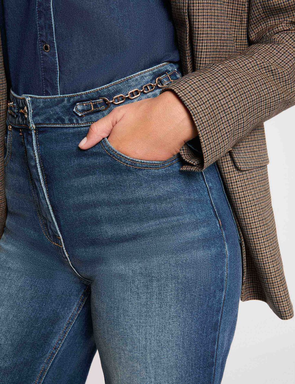 Weit geschnittene hochgeschnittene Hose stone denim damen