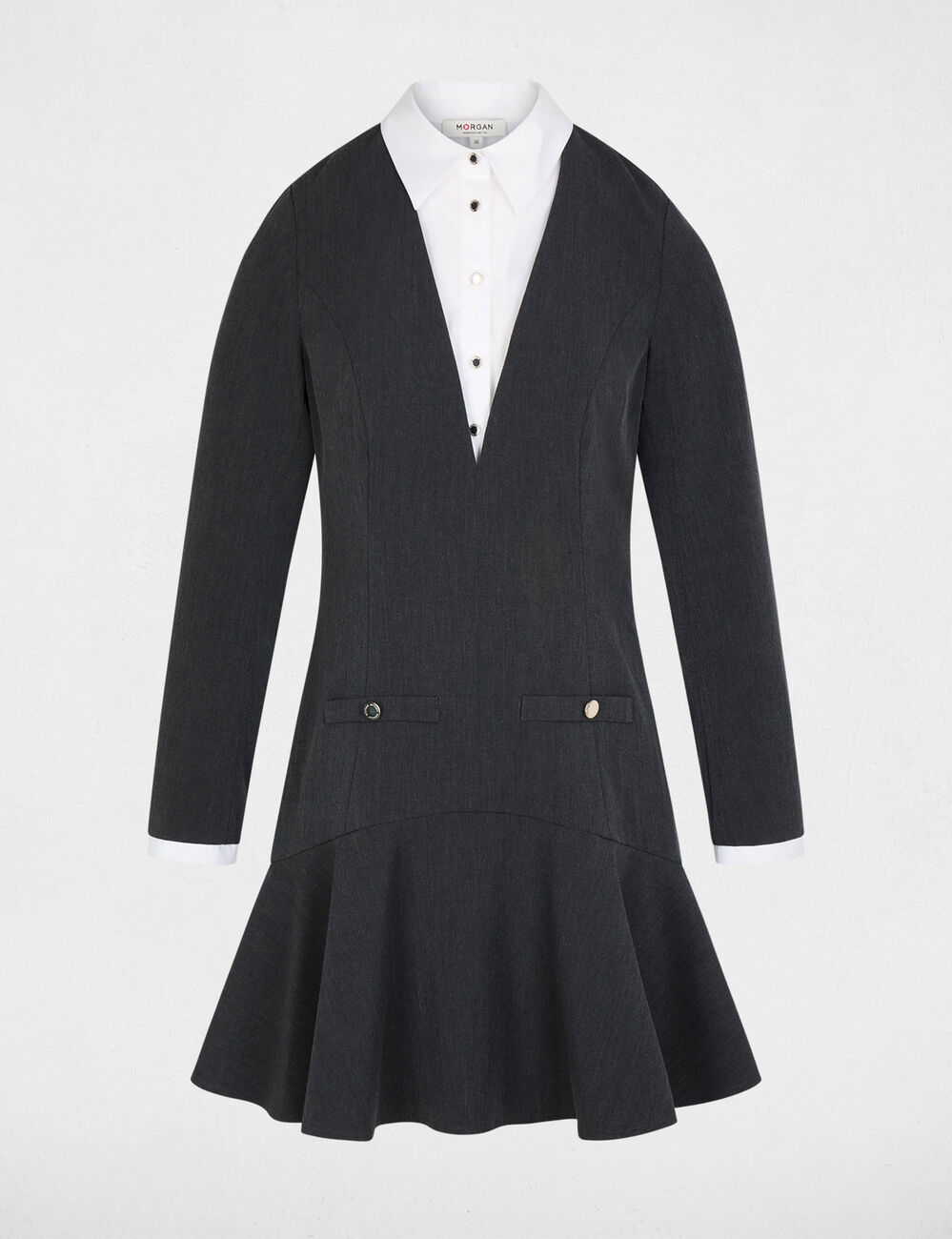 Robe courte col &agrave; revers gris clair femme