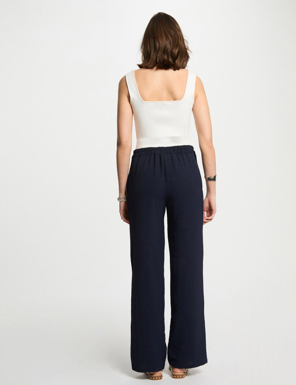 Pantalon large fluide bleu marine femme