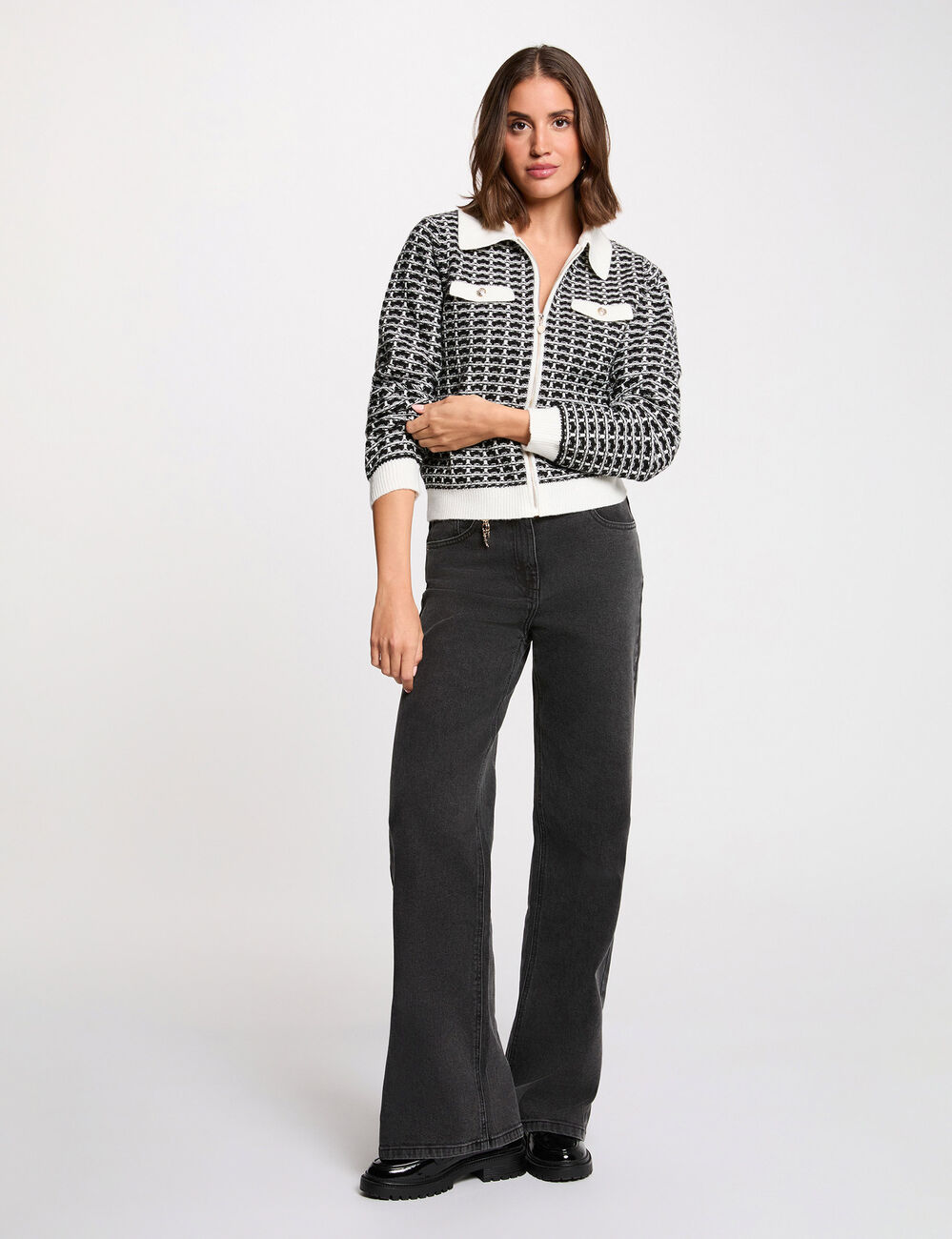 Jacquard-Jacke mit Fischgr&auml;tmuster schwarz damen