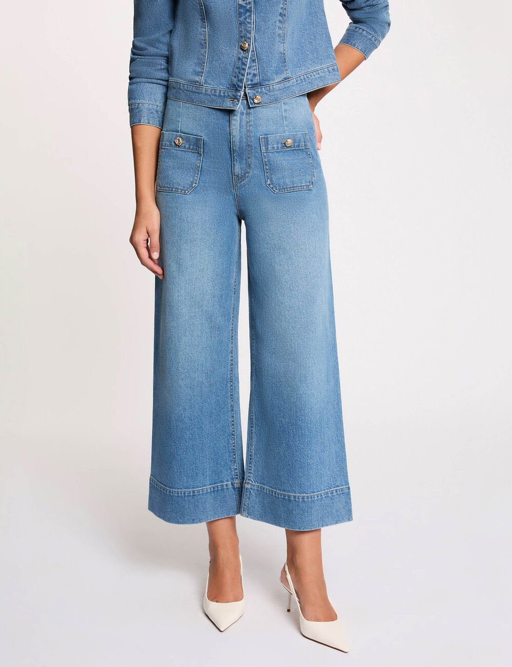 Weite hochgeschnittene Hose stone denim damen