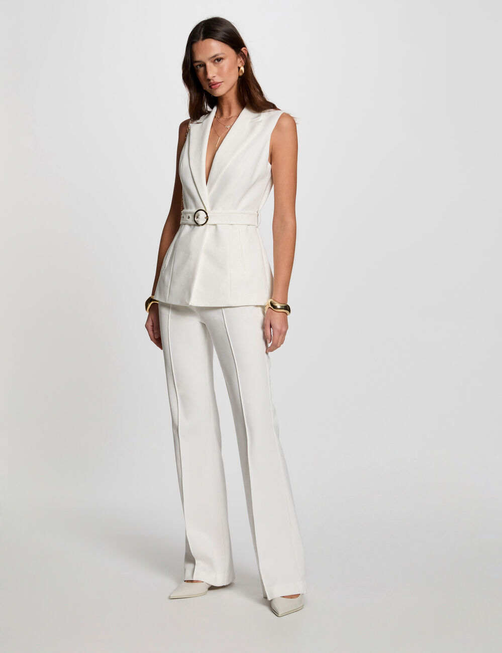 Veste droite sans manches ceinturée blanc femme