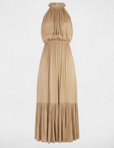 Robe longue évasée fluide beige femme