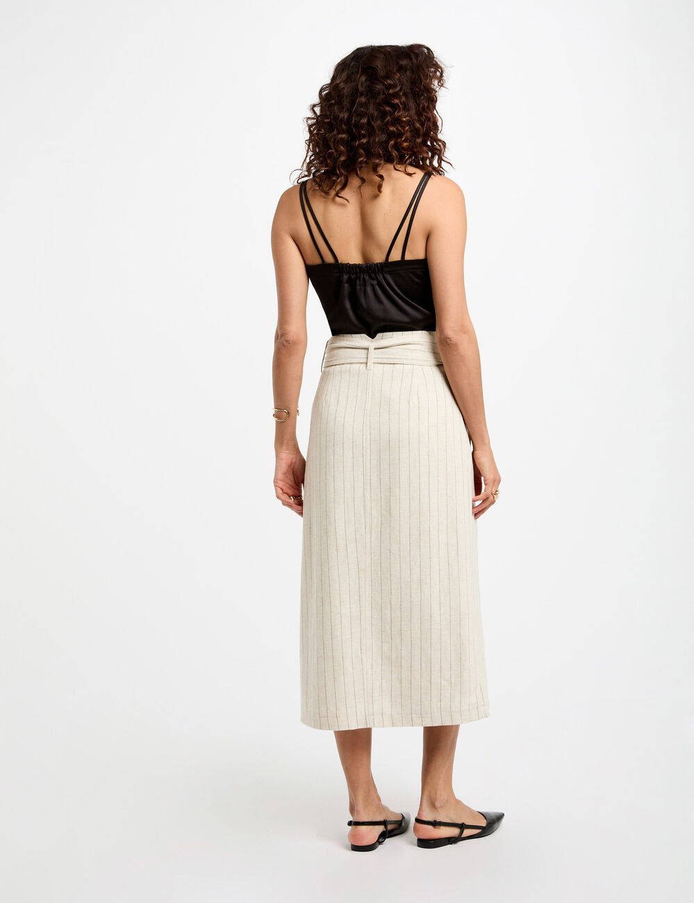 Jupe midi rayée beige femme