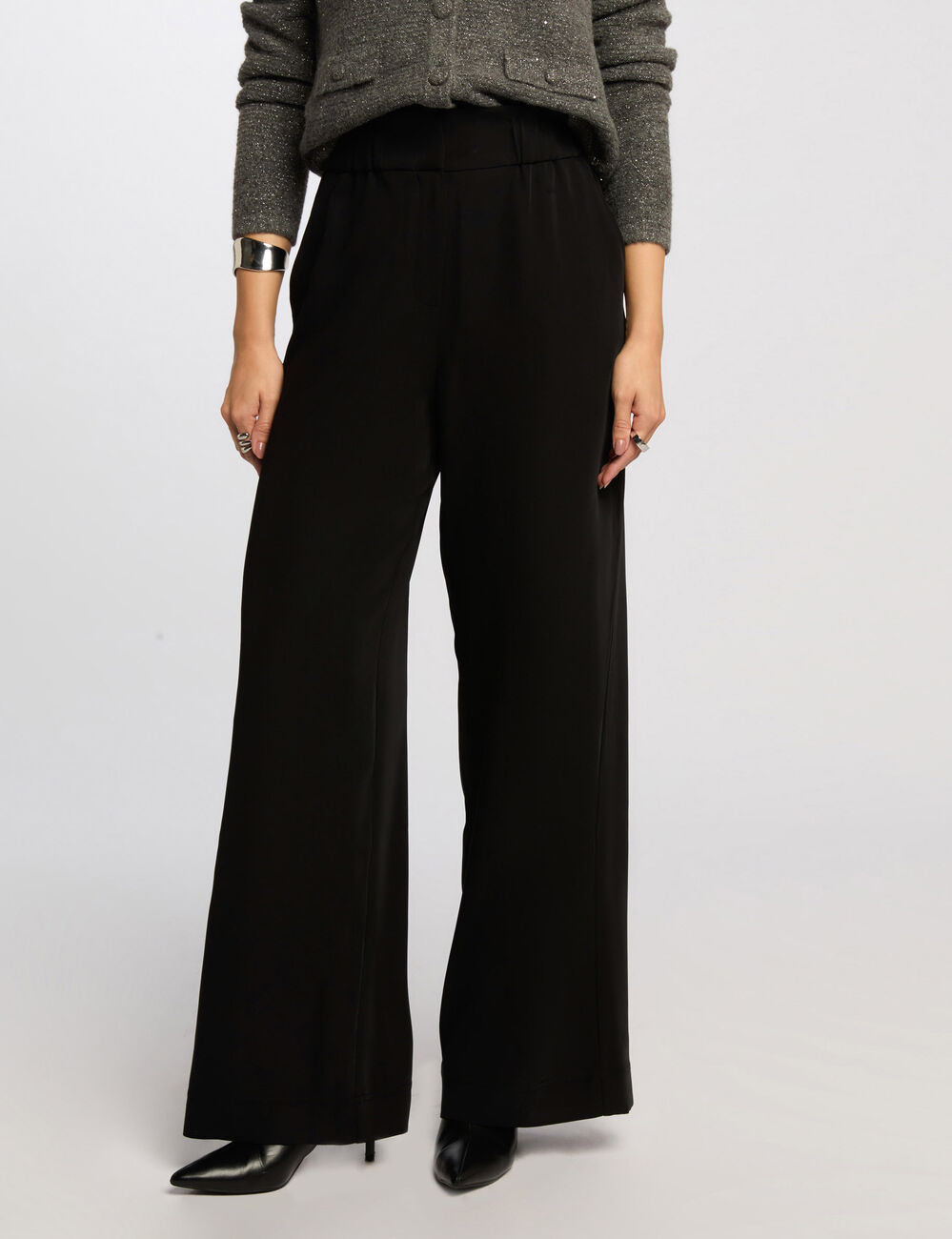Pantalon large taille haute noir femme