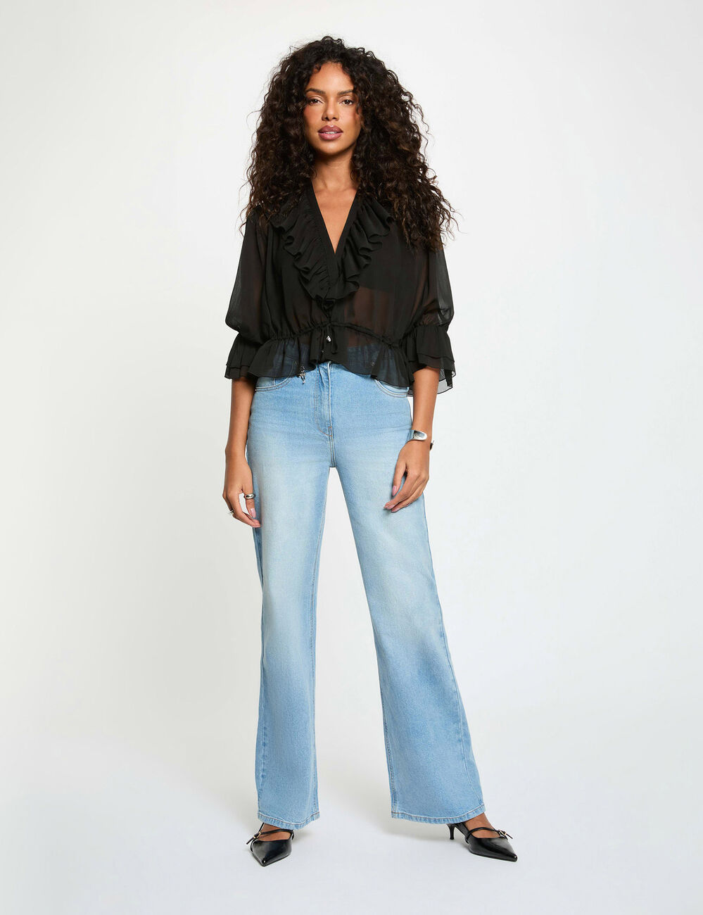 Bluse aus Voile mit V-Ausschnitt schwarz damen