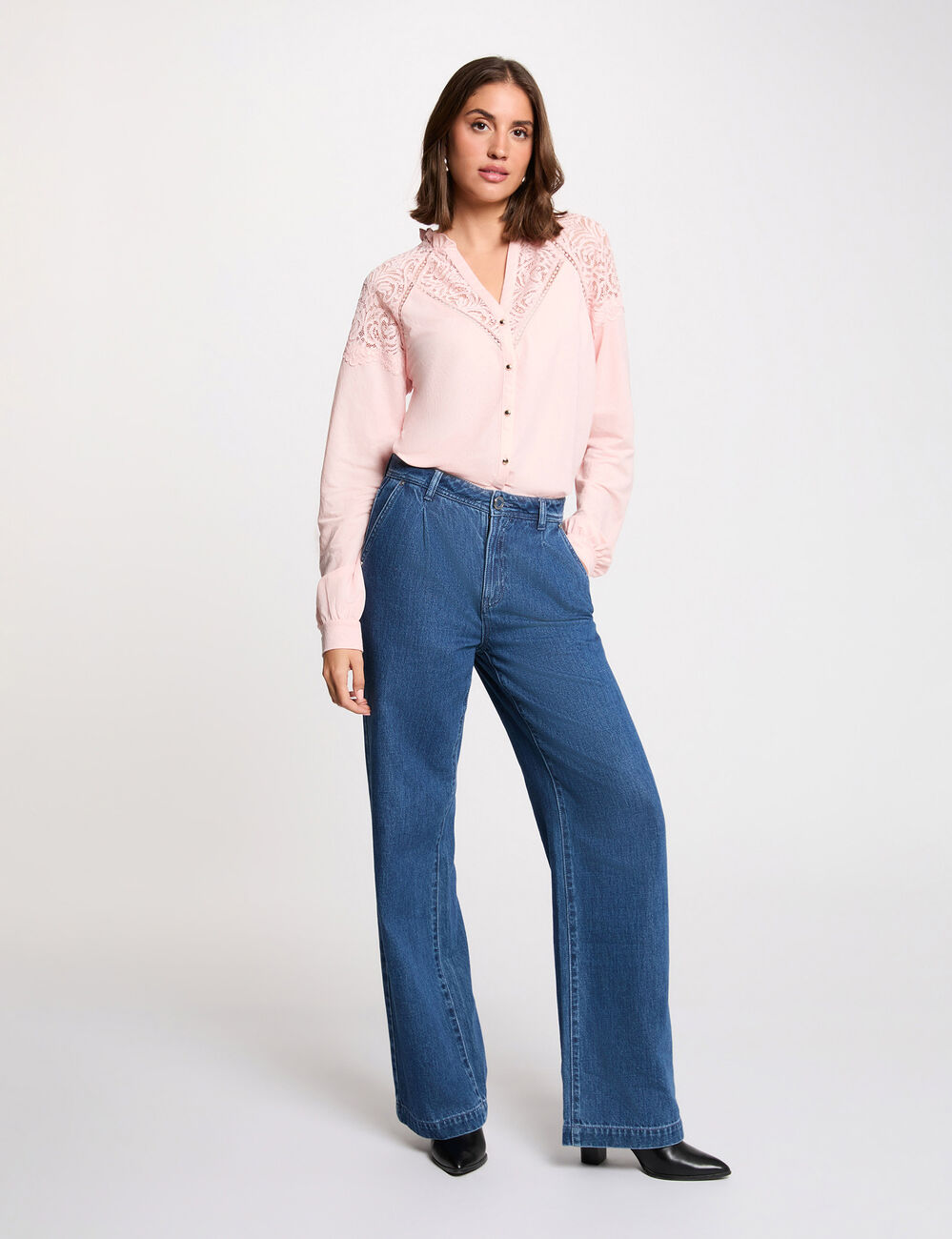 T-Shirt aus Spitze mit V-Ausschnitt hellrosa damen