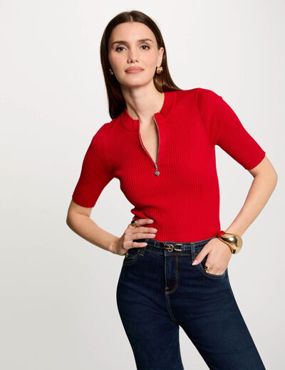 Kurzarm-Rippenstrickpullover rot damen