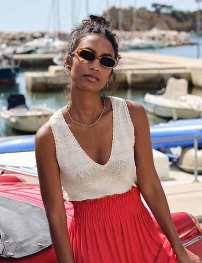 Mesh-Top mit V-Kragen elfenbein damen