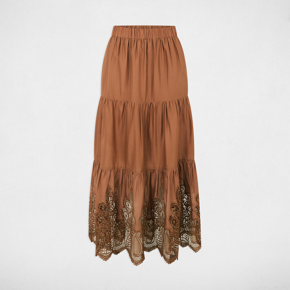 Langer Rock mit Spitzen-Details cognacbraun damen