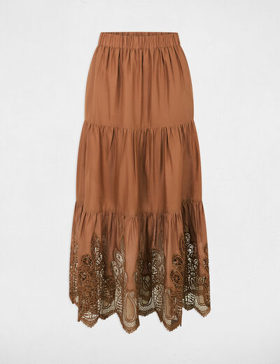 Jupe longue détail dentelle marron cognac femme
