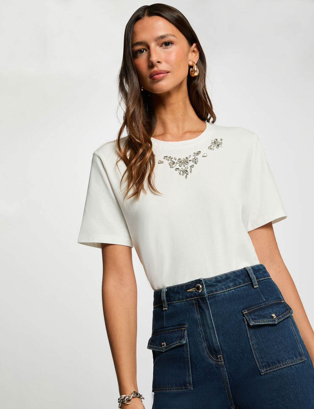 T-Shirt mit Strass und kurzen &Auml;rmeln weiss damen