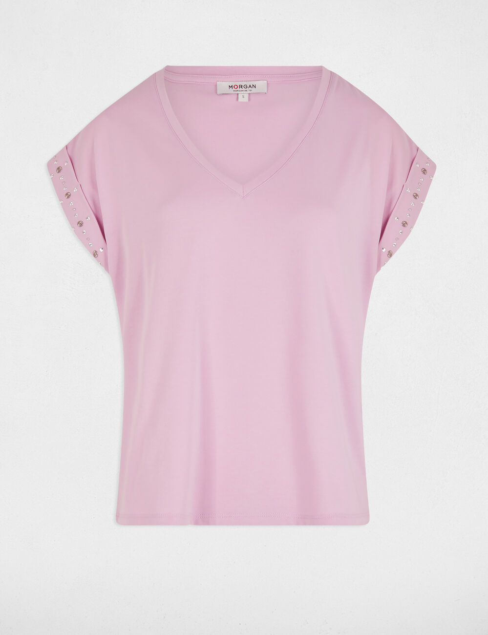 Kurzarm-T-Shirt mit Nietenärmeln pastellrosa damen