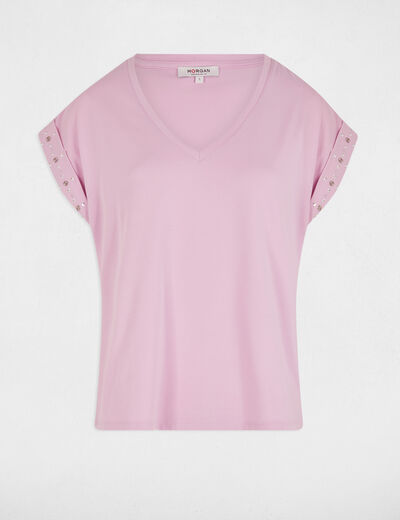 Kurzarm-T-Shirt mit Nietenärmeln pastellrosa damen