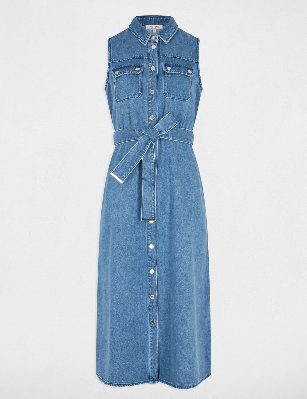 Robe midi trapèze en jean denim stone femme