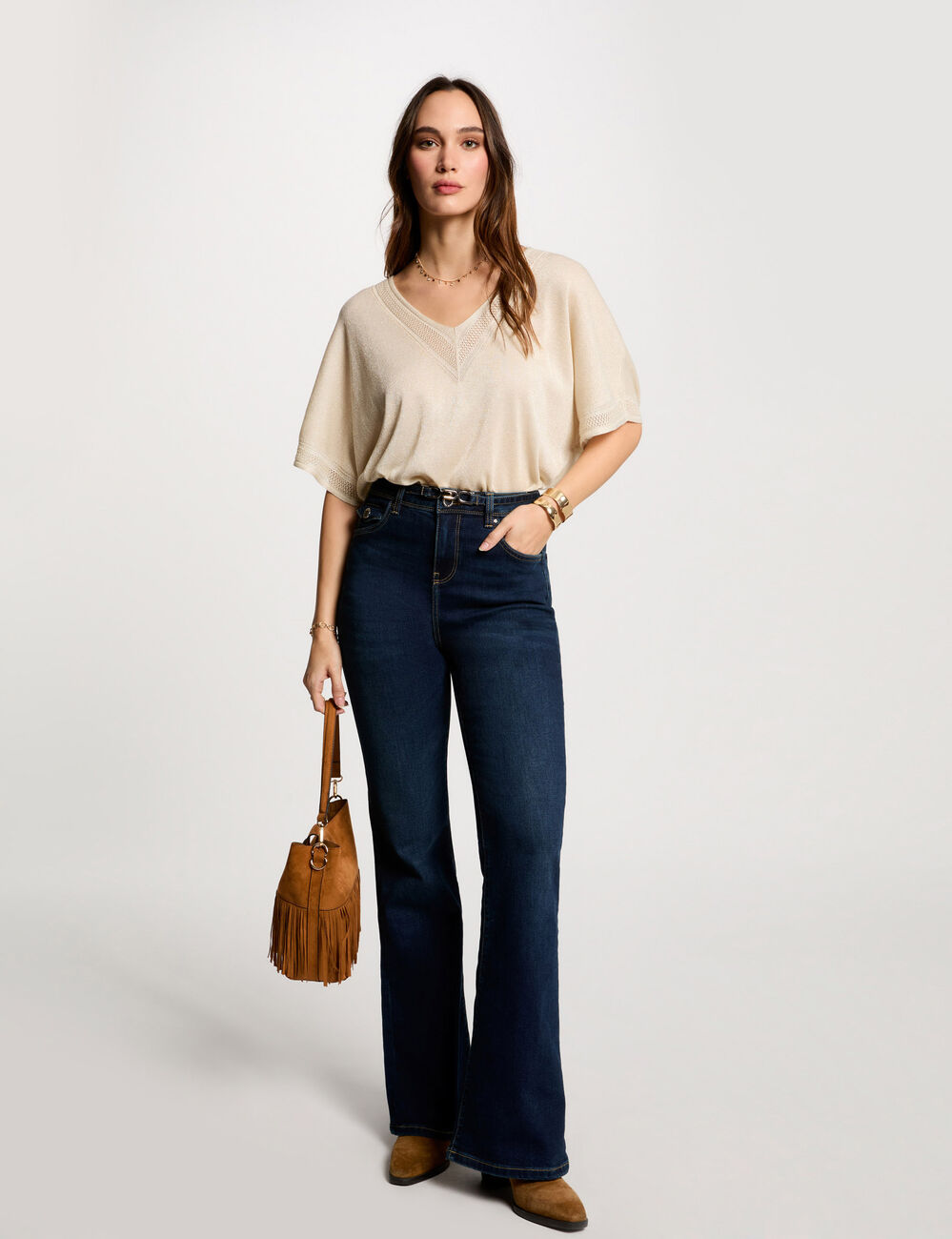 Pull col en V manches courtes ivoire femme