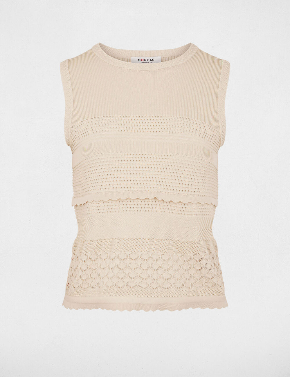 Pull sans manches col rond beige femme