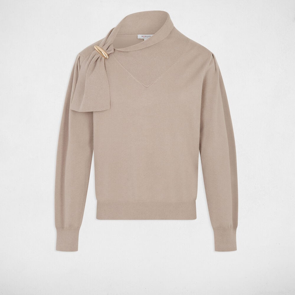 Pull col montant manches bouffantes taupe femme