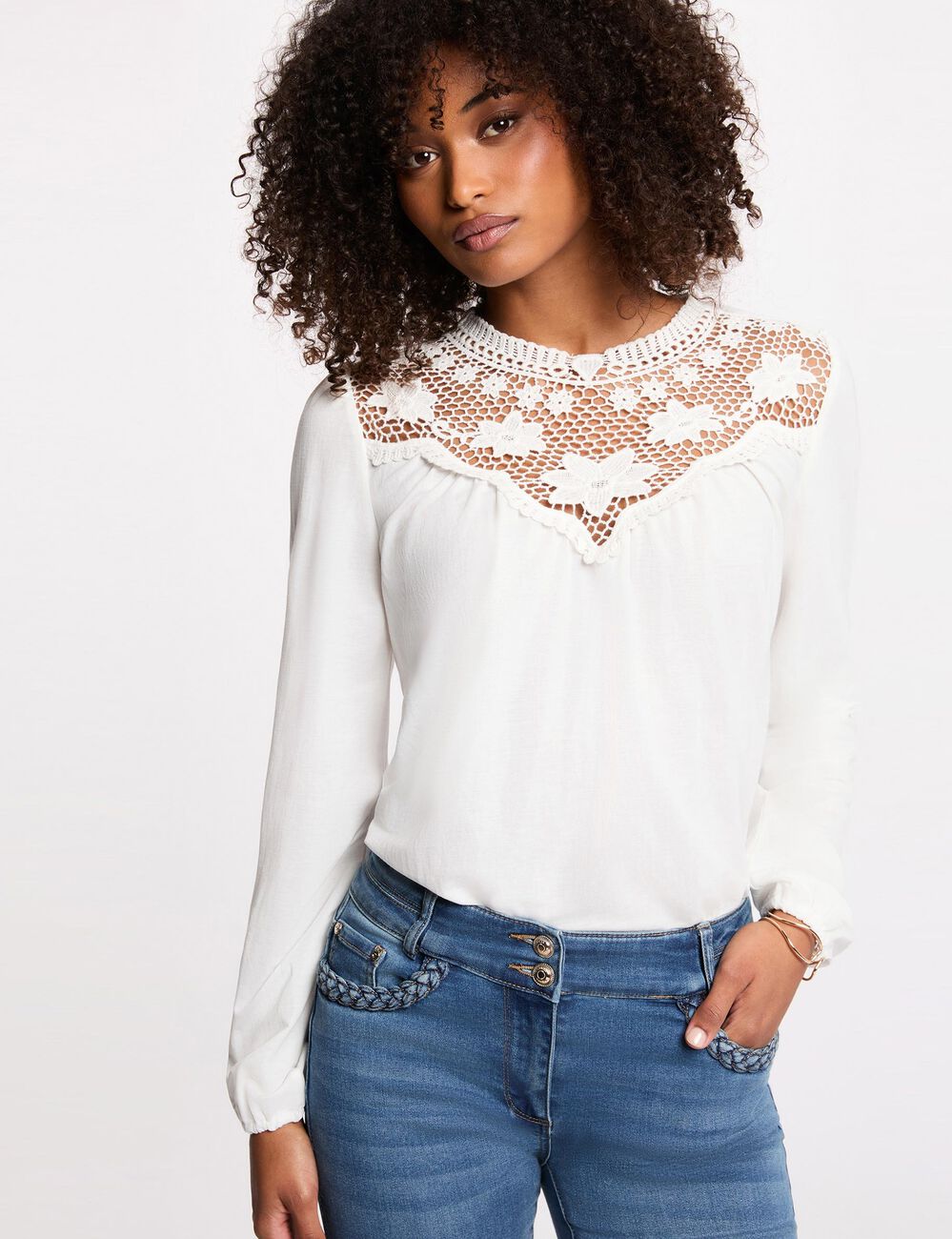 T-shirt dentelle manches longues blanc femme
