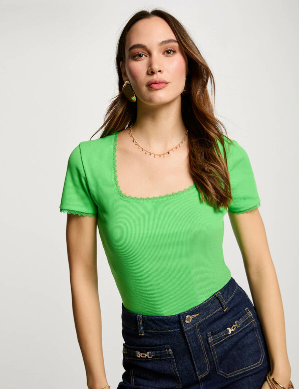 t shirt manches courtes cotele vert femme T-shirt manches courtes côtelé vert femme