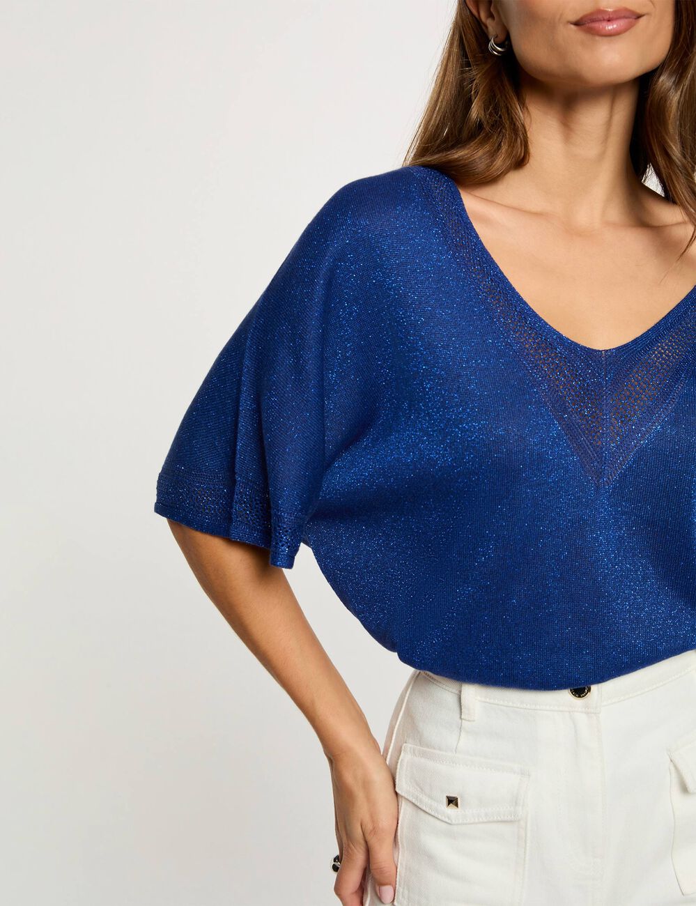 Pull col en V manches courtes bleu marine femme