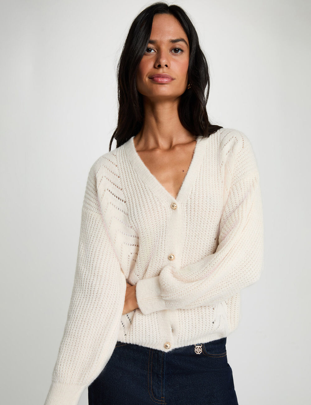 Gilet col v ivoire femme